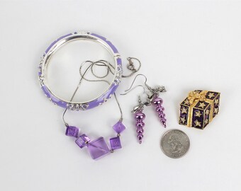 Vintage Purple Jewelry Lot Festive Holiday Earrings Brooch Lavender Bracelet and Necklace