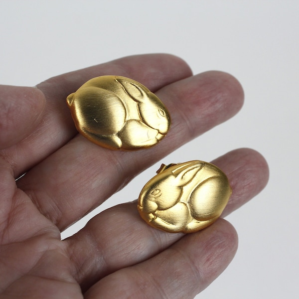 Vintage Large Rabbit Earrings Signed JJ Jonette Gold tone Studs