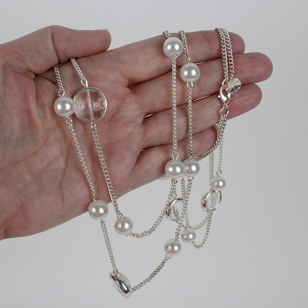 Vintage 2 Strand Silver Tone White Faux Pearl and Clear Crystal Station Necklace Satellite Chain