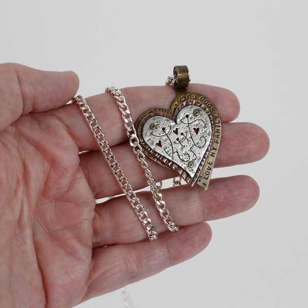 Vintage Mixed Metal Family of 4 Heart Pendant Hand Stamped Riveted Necklace