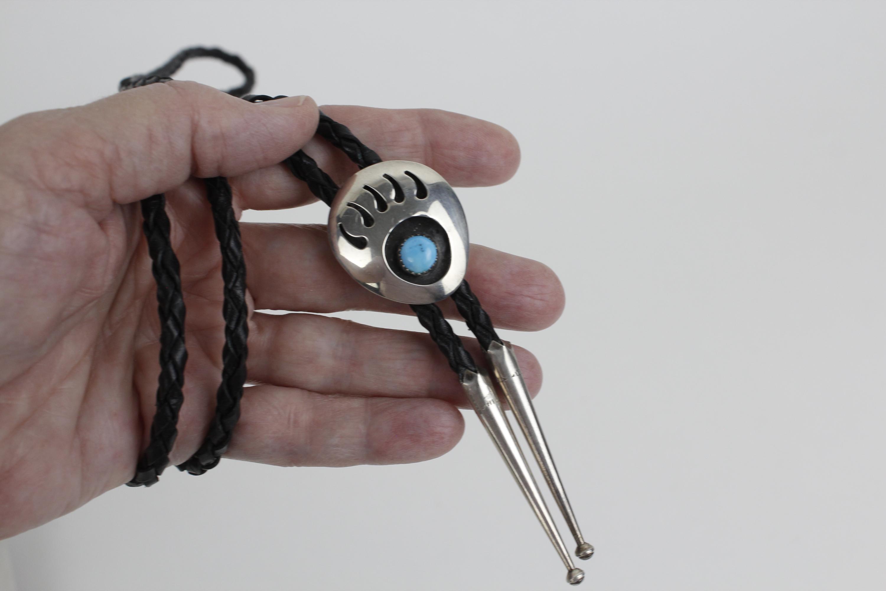 Vintage Sterling Silver and Turquoise Bolo Tie Shadow Box Bear Bear Paw ...