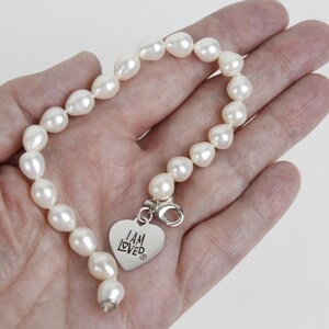 Vintage White Freshwater Pearl Bracelet I Am Loved Sterling silver Charm 8-1/2 inches long
