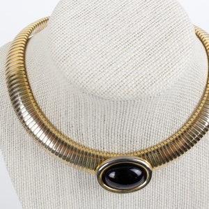 Vintage WORN Gold Tone Gas Pipe Collar Necklace with a Black Acrylic Cabochon