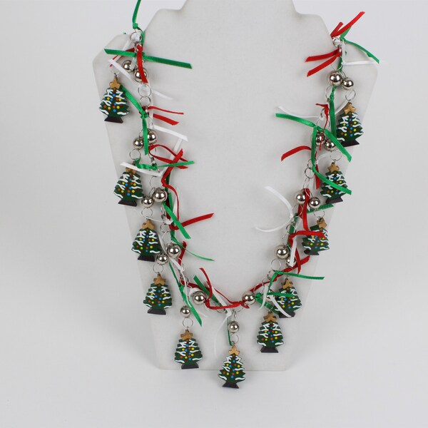 Vintage Silver Tone Paper Clip Chain Necklace with Ribbon and Christmas Tree Charms