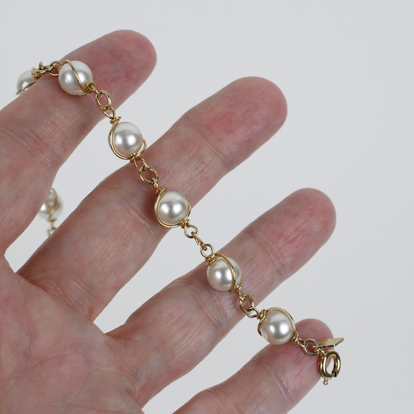 Vintage Gold Tone Sarah Coventry Pearl Swirl Bracelet Wire Wrapped Caged Faux Pearls