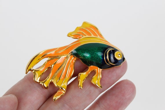 Vintage Gold Tone Enamel Fancy Goldfish Brooch Pin