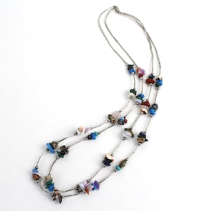 Vintage Liquid Silver Stone and Shell Chip Bead Necklace Silver Plated Tube Beads 2 Strands