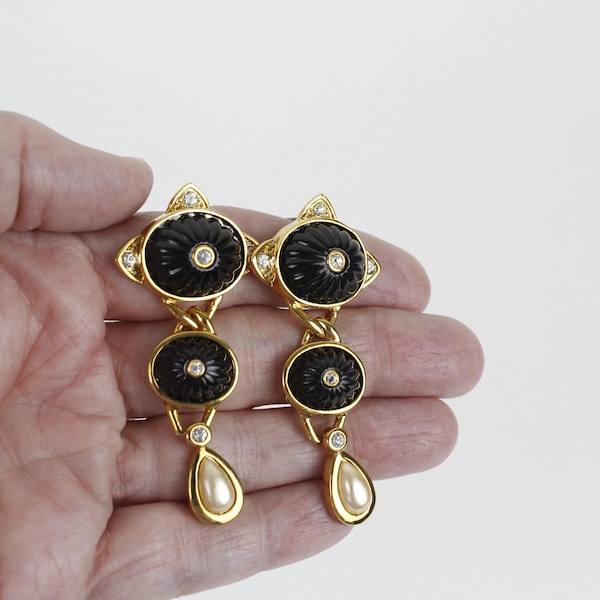 Vintage Hutton Wilkinson Dangle Earrings Gold Tone Studs with Black Cabochons Rhinestones and Faux Pearl Drops