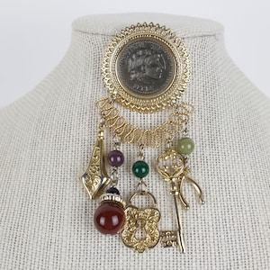 Vintage Gold Tone Coin Brooch With Charm Dangles Chatelaine Style Pin
