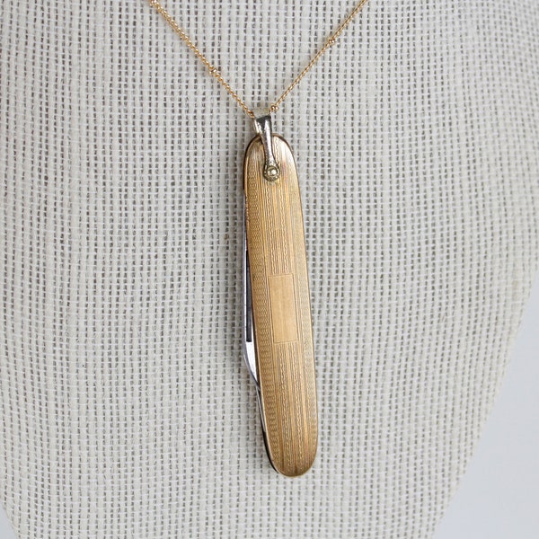 Vintage Gold Tone Etched Pocket Knife Pendant with Satellite Necklace Chain