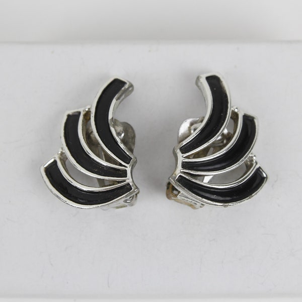 Vintage CLIP ON Silver Tone Earrings with a Black Enamel Wing Shaped Design