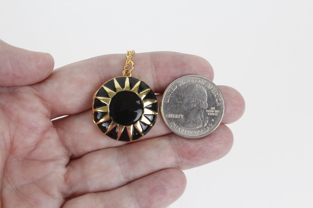 Sun Chain Locket Black Enamel Sun Locket Gold Tone Celestial Necklace - Etsy