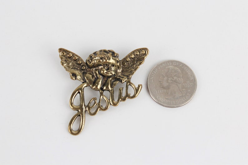 Vintage Jesus Angel Antiqued Bronze Finish Brooch Pin