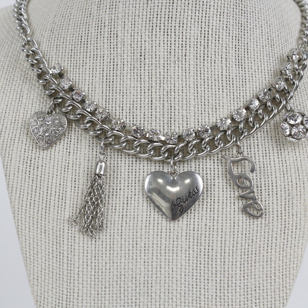 Vintage Guess Rhinestone Charm Heart Necklace Silver Tone Collar