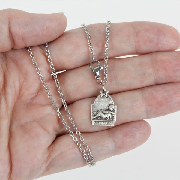 Petite Silver Tone Baby Jesus Charm Necklace