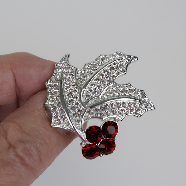 Vintage Monet Silver Tone Holly Sprig Brooch with Clear Rhinestone Leaves and Red Rhinestone Berries Holiday Pin