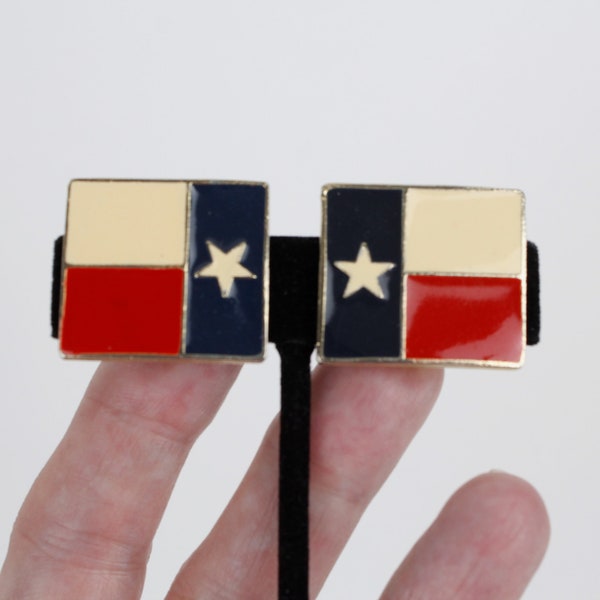 Vintage CLIP ON Gold Tone Texas Flag Earrings Red CREAM and Blue