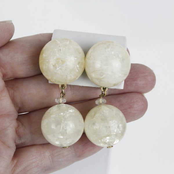 Vintage Crown Trifari CLIP ON Mod Dangle Lucite Cracked Marble Bubble Dangle Earrings