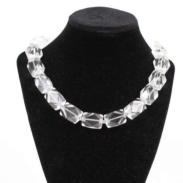 Vintage Chunky Clear Glass Bead Statement Necklace with Silver Plated Spacer Beads and a Magnetic Clasp