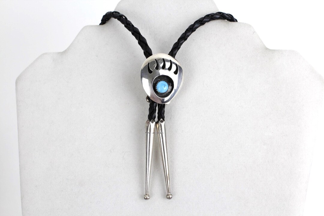 Vintage Sterling Silver and Turquoise Bolo Tie Shadow Box Bear Bear Paw ...