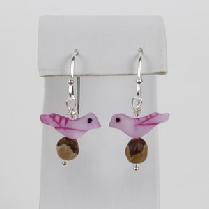 Southwestern Ghost Bead Earrings with Dyed Mother of Pearl Carved Bird Fetish Dangles