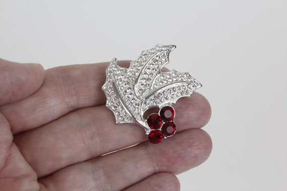 Vintage Monet Silver Tone Holly Sprig Brooch with… - image 5