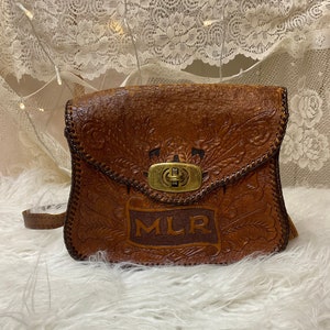 Vintage tooled leather crossbody purse with MLR initials