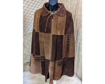 Vintage suede leather brown patchwork cape 60s 70s boho hippie small as is