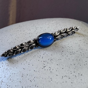 Antique Sterling Silver Bar Pin Leaves and Blue Stone