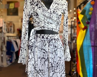 Vintage 1970's Jack Hartley of Miami Two Piece Disco Bell Bottom Ink Splatter Halter Jumpsuit XS.