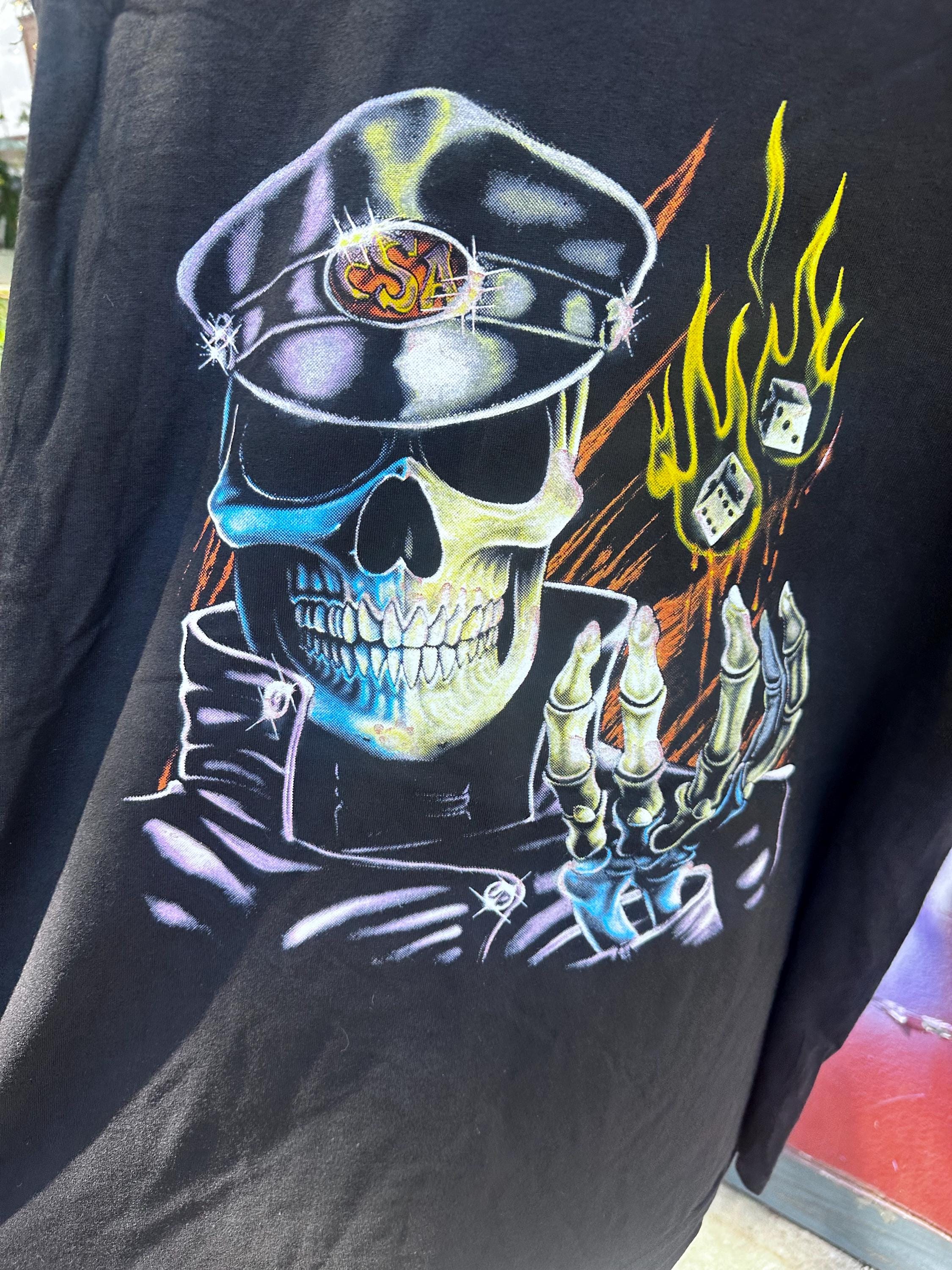 Dimmoire Dig in skullオフショルT 90's Deadstock Skull Biker Dice Flames T-shirt Motorcycle - Etsy