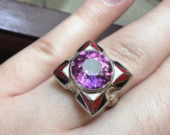 Anillo de compromiso antiguo de estilo Art Déco de los años 30, ULTRA RARO, de oro blanco auténtico de 14k con zafiro rosa y esmalte, talla 6.