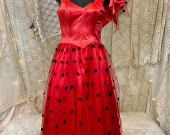 Red satin polka dot Gunne Sax Jessica McClintock 80s dress xxs (As is, some wear)