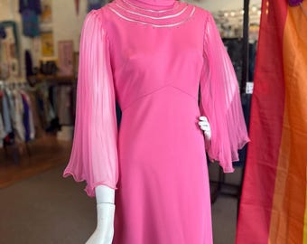 Vintage 1970&#39;s Bubble Gum Pink Hippie Empire Waist Dazzle Angel Sleeve Maxi Dress