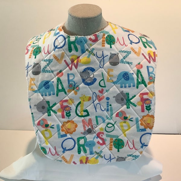 Alphabet Baby bib | Finished large handmade quilted baby/toddler bib | Baby Accessories | Baby shower gift | Quilted bib