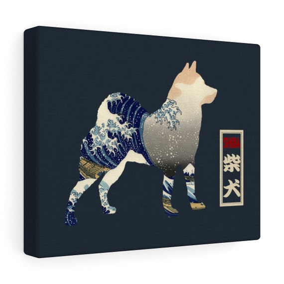 Ukiyoe Shiba Inu Canvas Print Hokusai Great Wave Mt Fuji Home Wall Decor Poster Art Frame Gallery Wrap Dog Gift