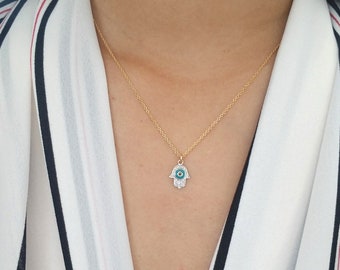 Diamond and Turquoise Evil Eye Hamsa Necklace 14K Gold