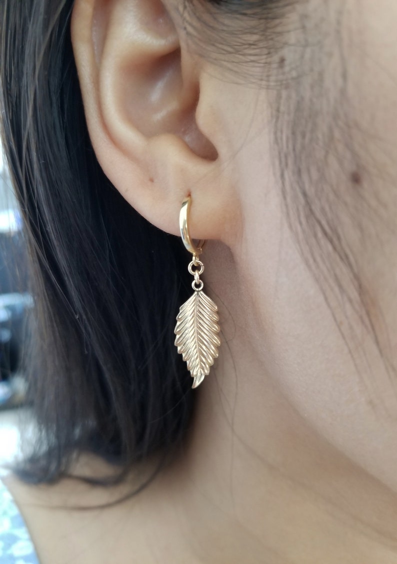 14k yellow gold leaf earringsBeautiful gold dangle earringsLeaf earringsCute earrings