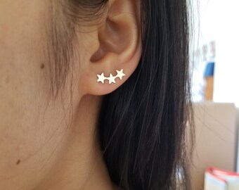 14K Gold Triple Star Ear Climber Stud Earring / 14K Star Stud Earring/Climbing stars earring