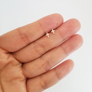 Diamond cross earring/Tiny cross earring/14k yellow gold with diamond cross earring/Cute earring/Find jewelry/Birthday gift