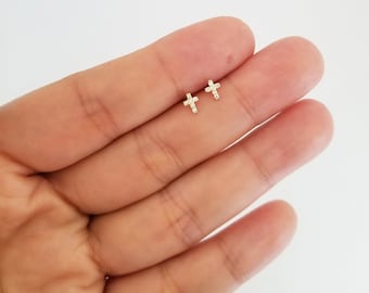 Diamond cross earring/Tiny cross earring/14k yellow gold with diamond cross earring/Cute earring/Find jewelry/Birthday gift