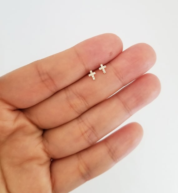 Diamond Cross Earring tiny Cross Earring 14k Yellow Gold With