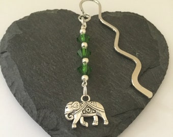 Elephant Bookmark: Green Acrylic Beads, Animal Lover Gift