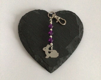 Rabbit Bag Charm: Stainless Steel Bunny, Purple Crystal Beads