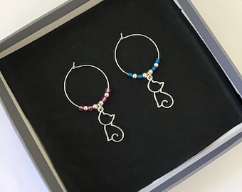 Cat Wine Glass Charms Set: Silver Animal Lover Gift