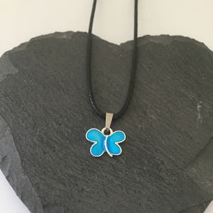 Blue Butterfly Necklace: Enamel Animal Pendant, Wax Cord