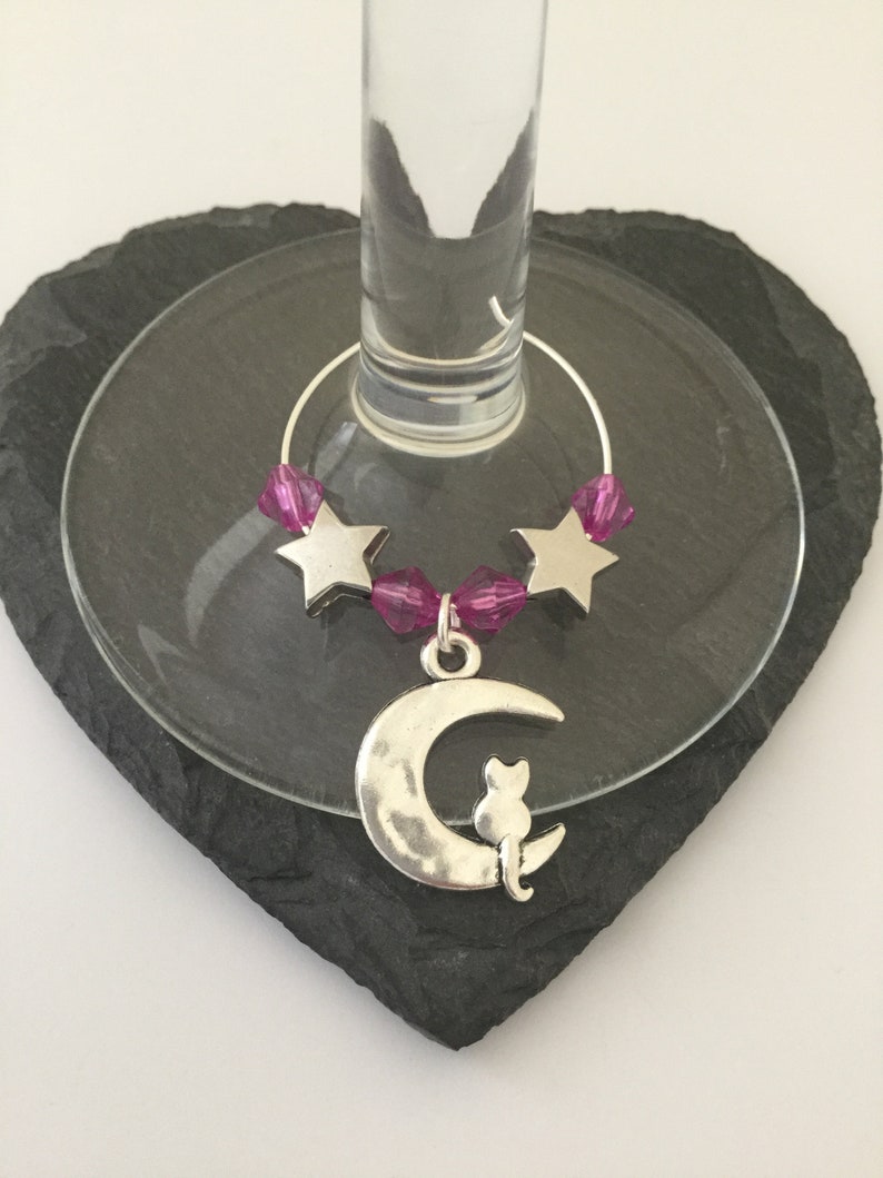 Cat /& moon wine glass charm set animal wine glass charm set wine charms table decor hostess gift animal lover gift wine gift