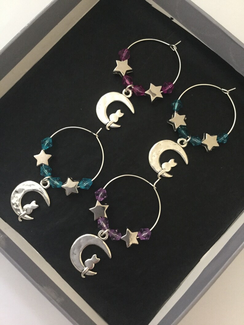 Cat /& moon wine glass charm set animal wine glass charm set wine charms table decor hostess gift animal lover gift wine gift