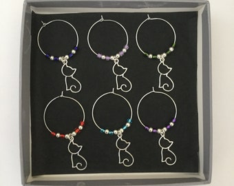 Cat Wine Glass Charms: Silver Animal Silhouette, Set of 6