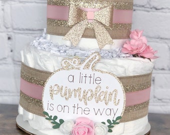 Pumpkin Fall Girl Diaper Cake, Baby Shower Centerpiece Decor, Pink Girl A Little Pumpkin is on the way Shabby Chic Rustic Gold White, 2 Tier